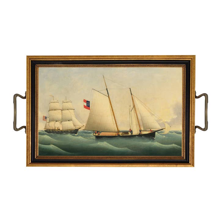 Folk Art Sailing Ship Decorative Tray with Brass Handles for wholesale by Madison Bay Co. - Historical Home Decor Reproductions