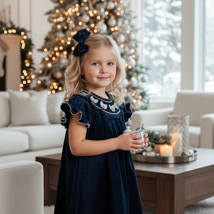 Blue Velvet Silver Bows Smocked Ruffle Bishop Dress for wholesale by Lil Cactus