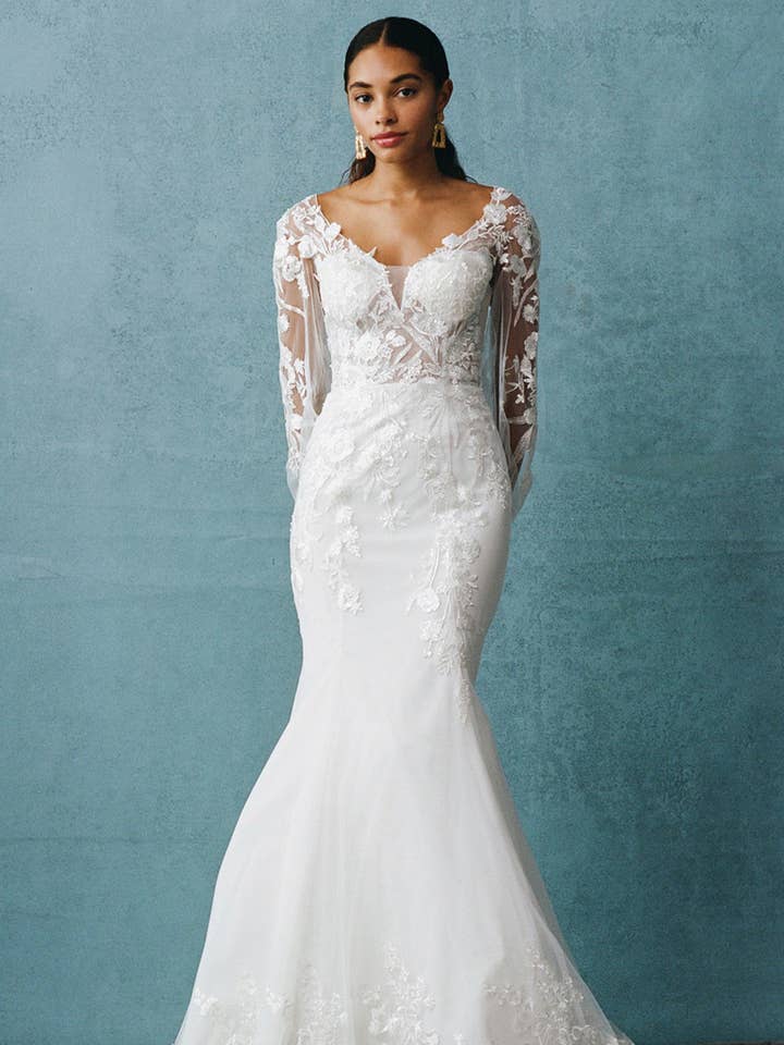 GEBROKEN WIT Lange Mouwen V-Hals Zeemeermin Bruidsjurk voor groothandel op Faire0