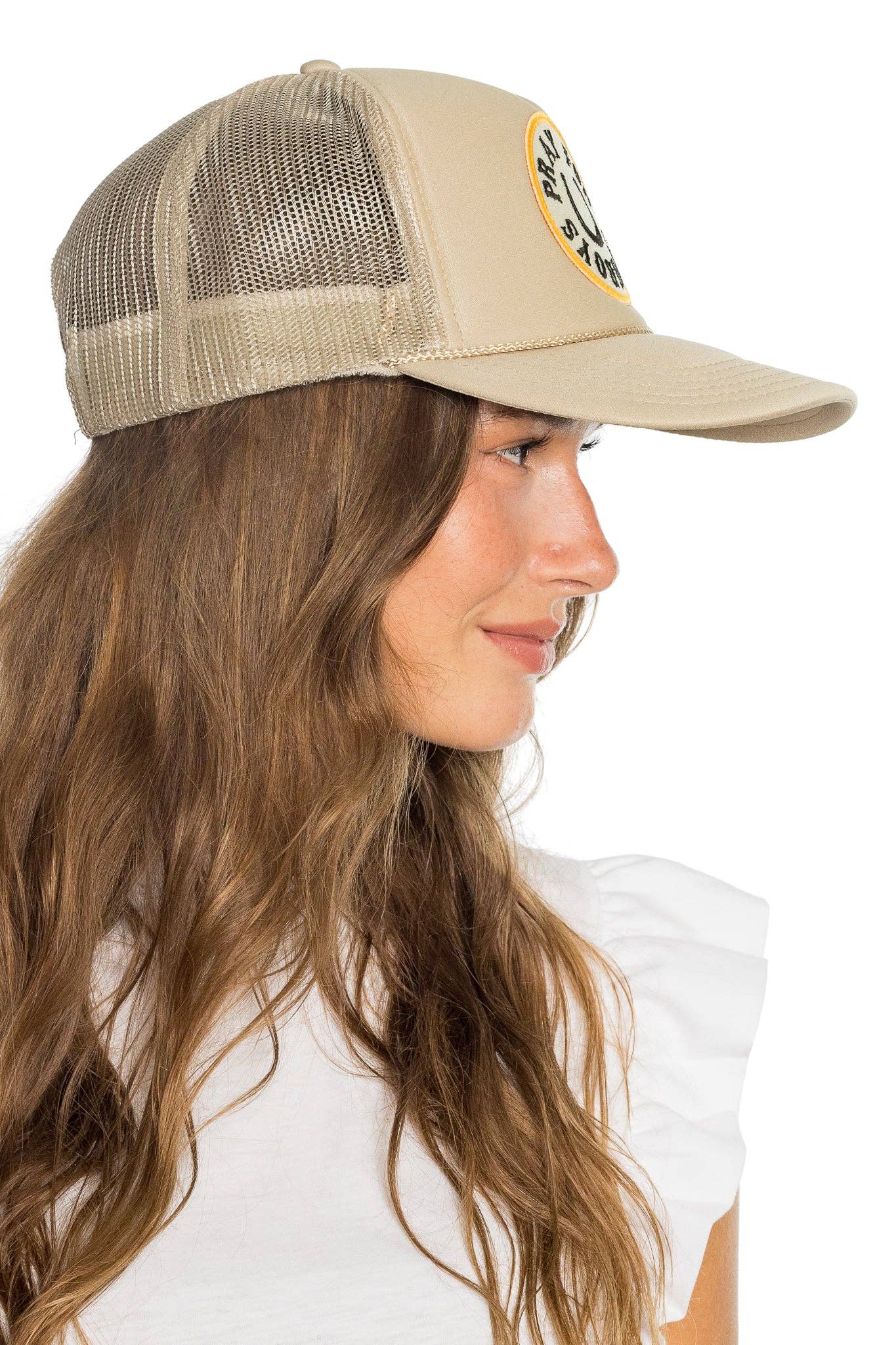 Pray For Cowboys Trucker Hat in Tan for wholesale on Faire4