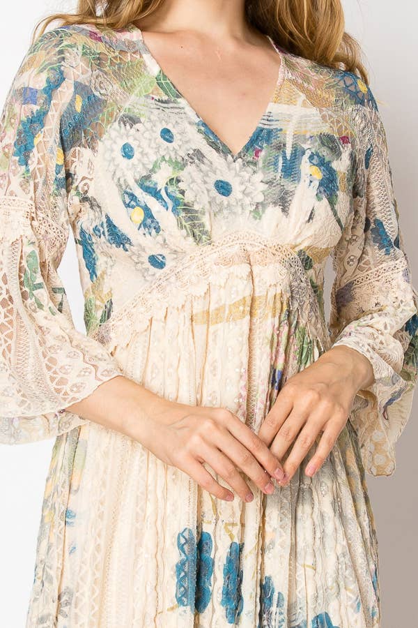 Romantic Lace Bell-Sleeved A-Line Midi Dress - 4658 BG JADE FL for wholesale on Faire1