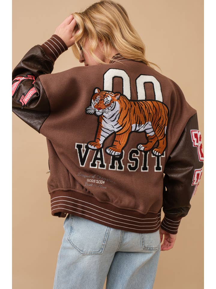 Blue B - Wholesale Varsity/Baseball Jacket - Women's - 50076J-Boucle Patches Faux Leather Letterman Varsity Jacket