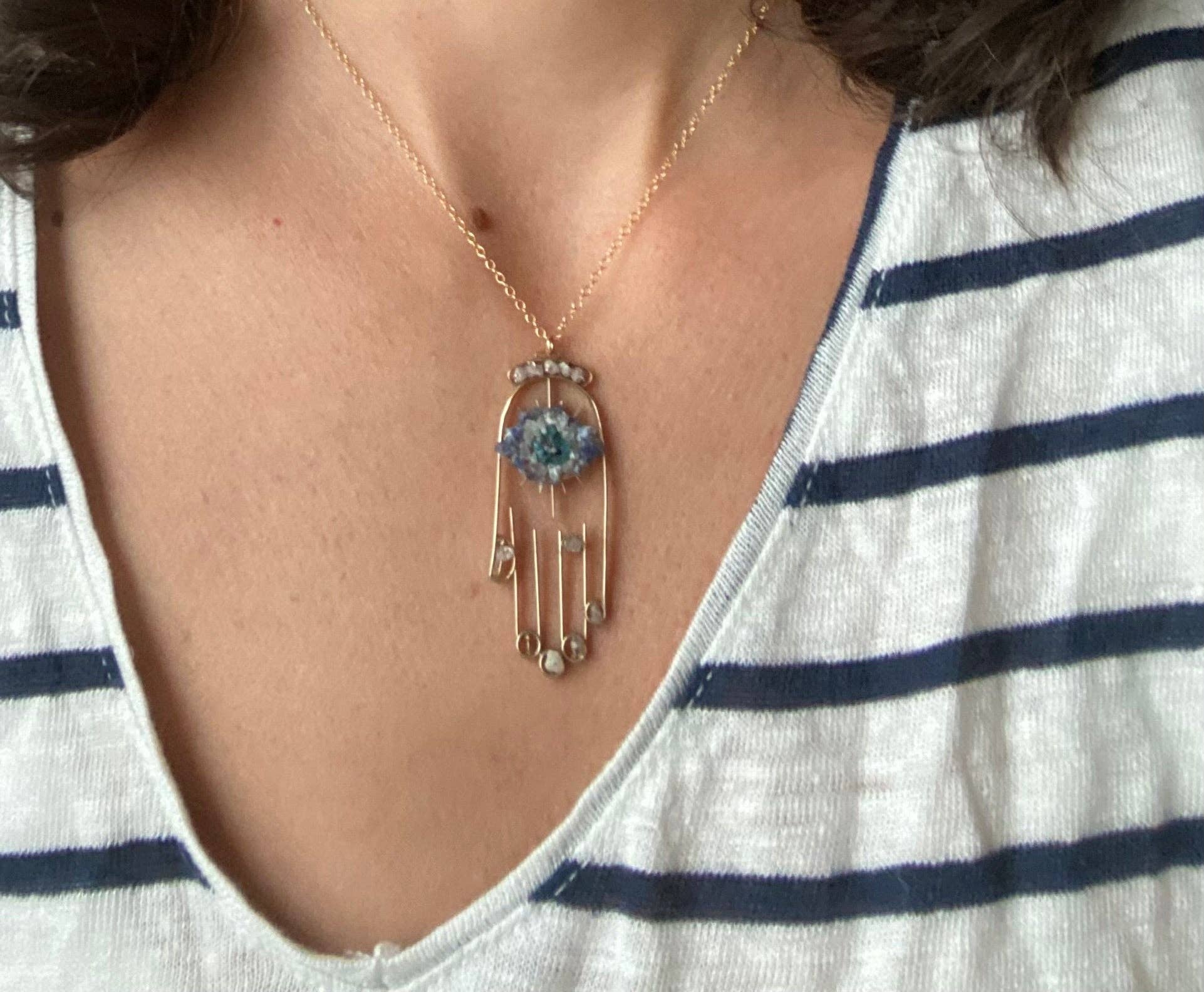 Cool Blues Healing Crystal Hamsa Necklace  – Rough Diamonds & Sodalite for wholesale on Faire2