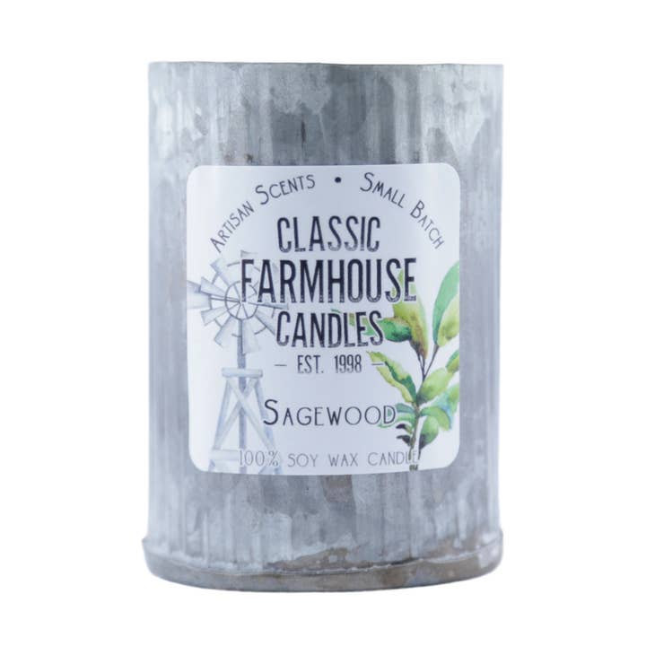 NEW! Small Tin Soy Candle - Sagewood for wholesale by Classic Farmhouse Candles