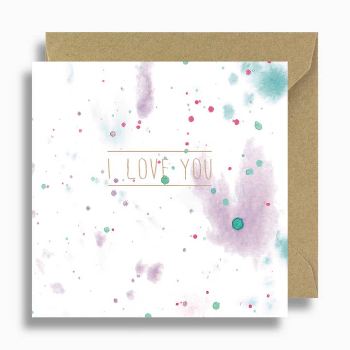 Watercolour Splash "I Love You" Card - Purple and Green for wholesale by Lizzie Chancellor