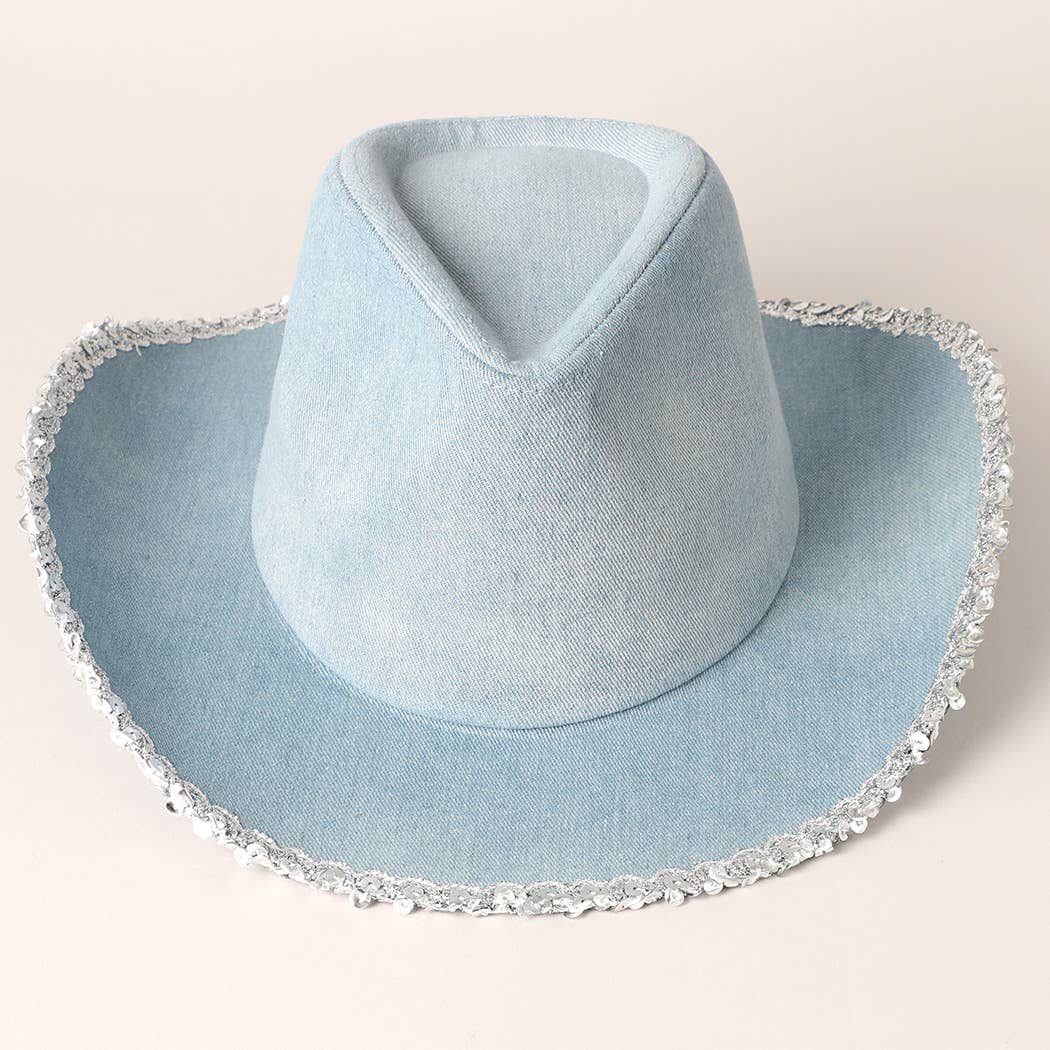 Blue Denim Cowboy Hat with Sequins in the Edge for wholesale on Faire1