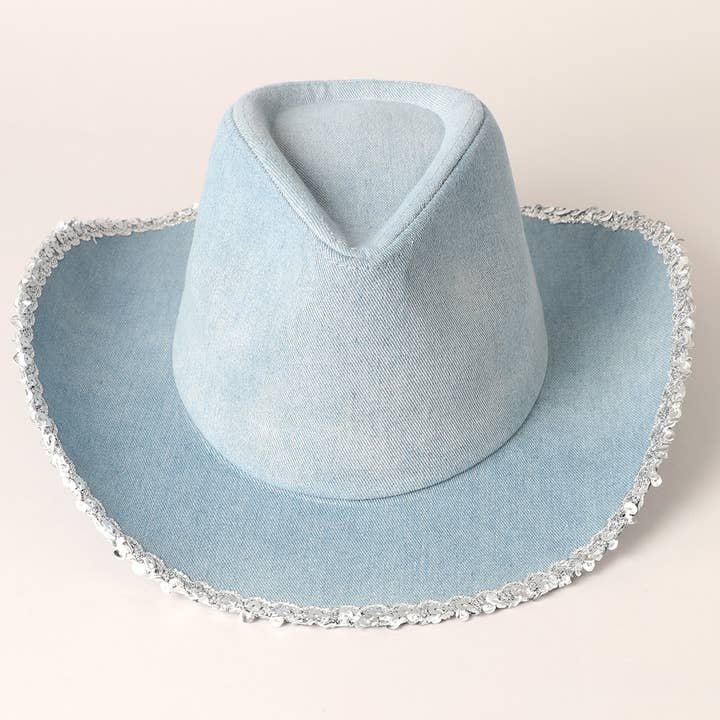 Blue Denim Cowboy Hat with Sequins in the Edge for wholesale on Faire1