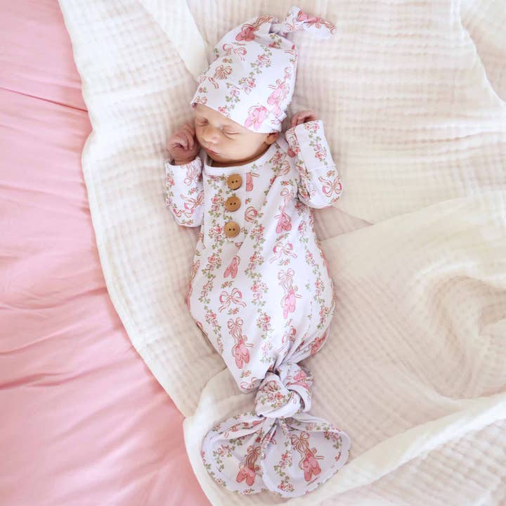 Caden Lane - Wholesale Babygown Set - Baby - Ballet Blossoms Newborn Baby Knot Gown & Hat Set2