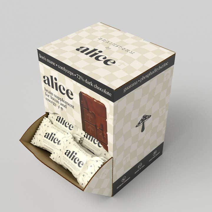 Alice Mushrooms - Wholesale Chocolate Bar - Brainstorm Singles — mushroom chocolates for focus