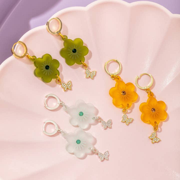 Butterfly and Flower Gemstone Huggie Earrings in Sterling Silver or Gold-Plated for wholesale by The Gifting Knot Ltd