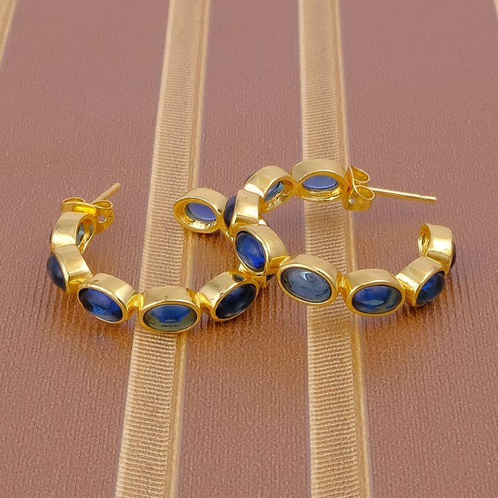 London Blue Topaz Earring Gemstone Oval Gold Plated Earring for wholesale by El Joyero
