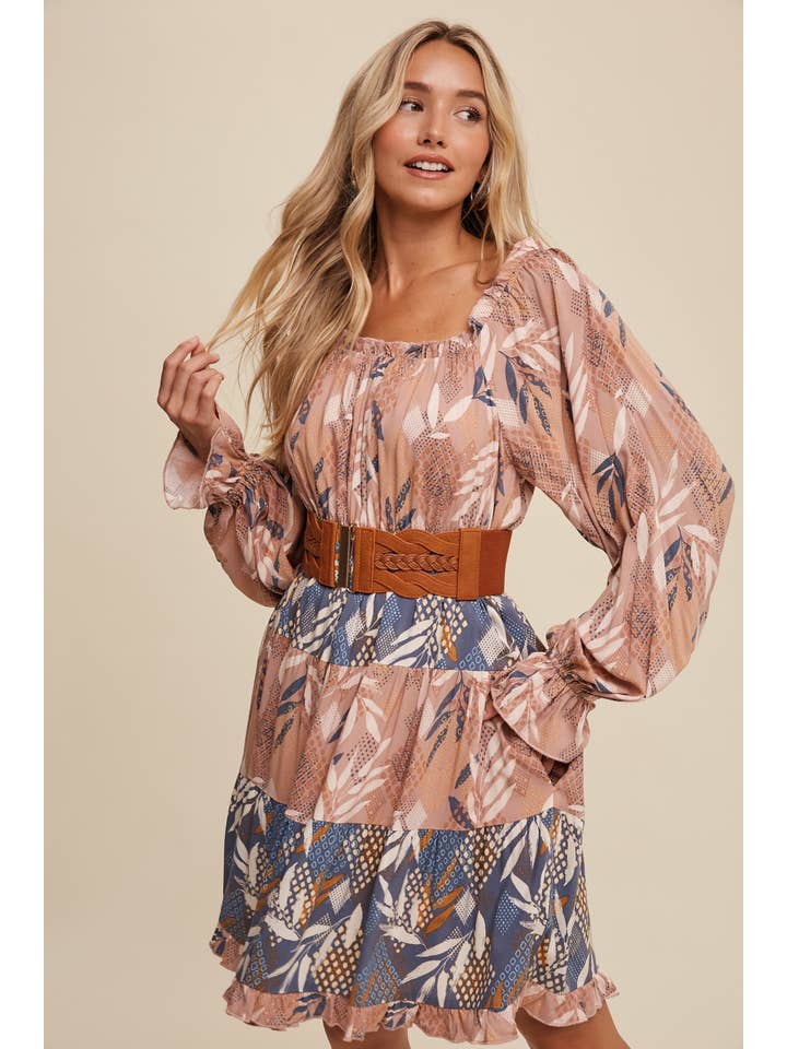 Listicle - Wholesale Dress - Women's - Patchwork Puff-Sleeve Tiered Mini Dress2