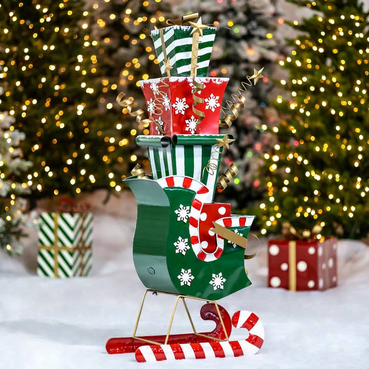 Zaer Ltd. International - Wholesale Decorative Figurine - 4 Ft.Tall Large Iron Christmas Sleigh w/ Presents2