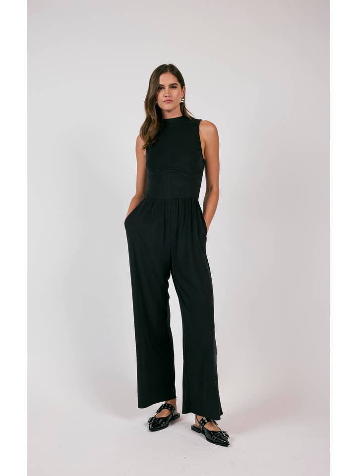 Sage The Label - Wholesale Jumpsuit - Women's - See Me Now Corset Style Knit Jumpsuit: BLACK
