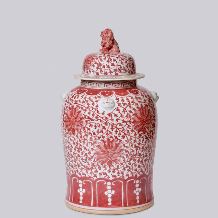 Red and White Porcelain Scrolling Lotus Rondelle Temple Jar for wholesale by Cobalt Guild