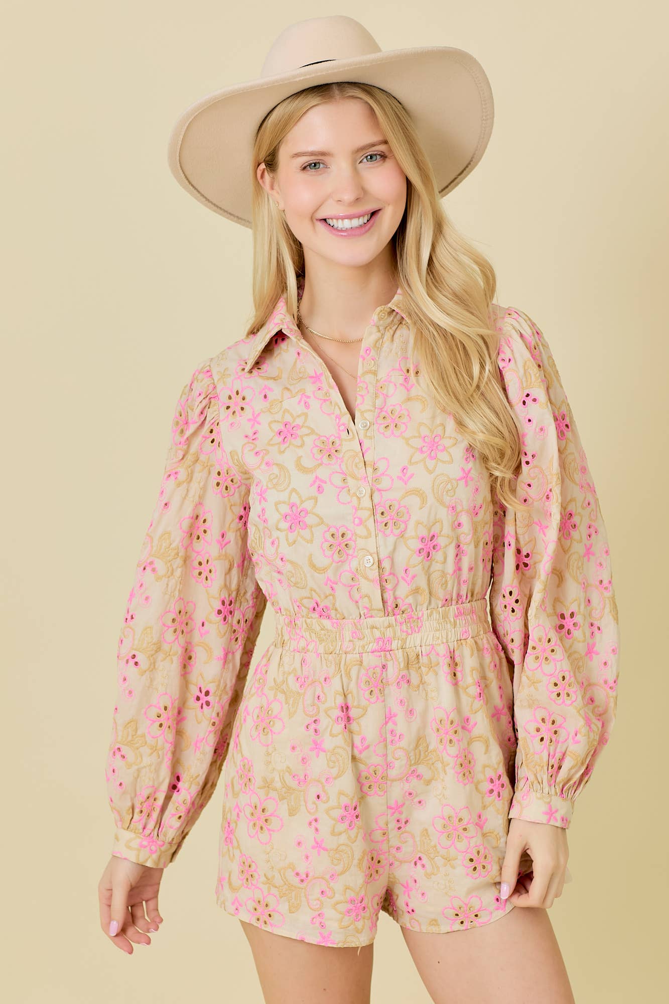 NATURAL Eyelet Embroidered Fabric Romper for wholesale on Faire15