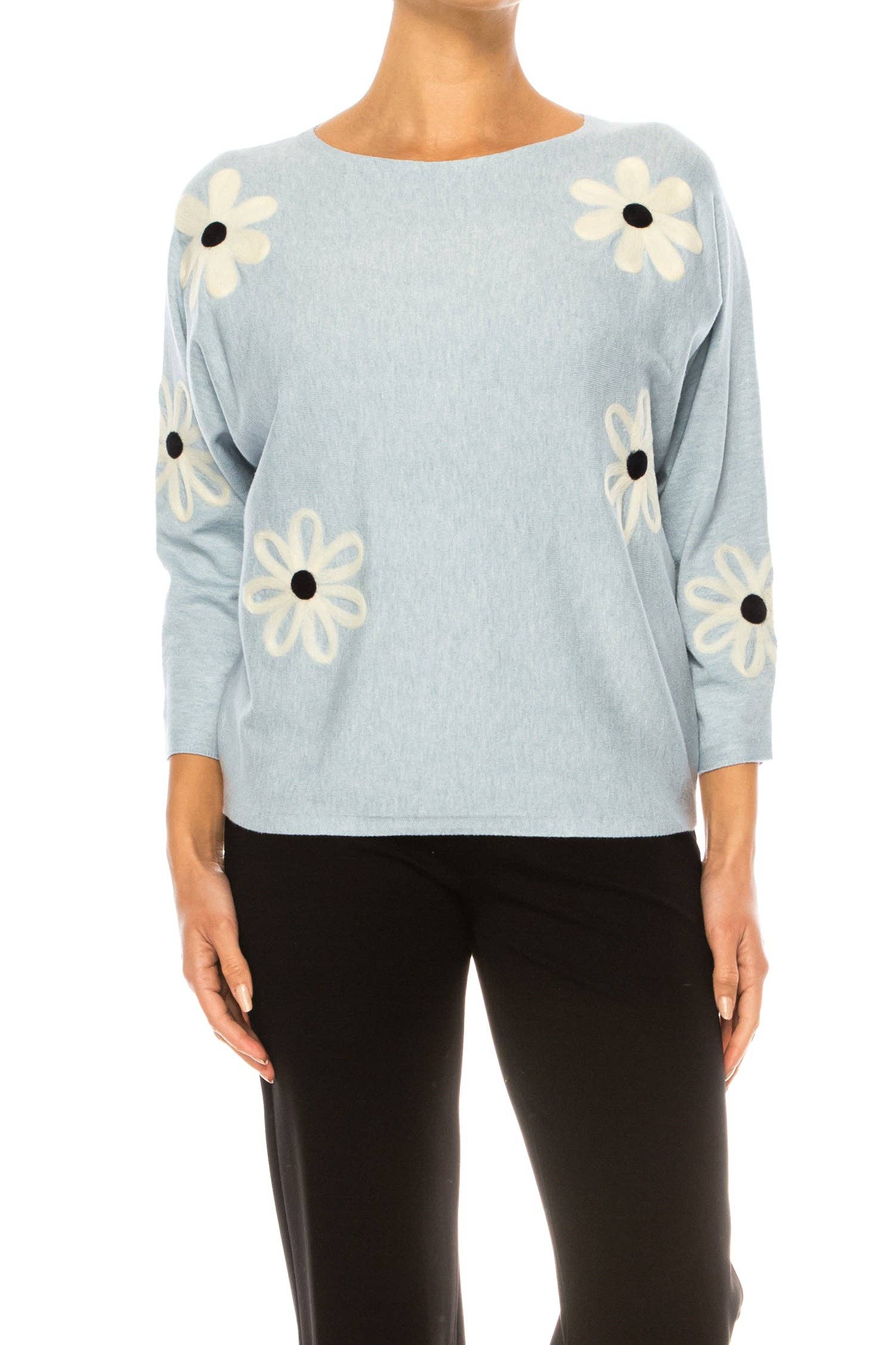 HEATHER SKY EGGSHELL Aaeda Long Sleeve Flower Motif Pullover Sweater for wholesale on Faire