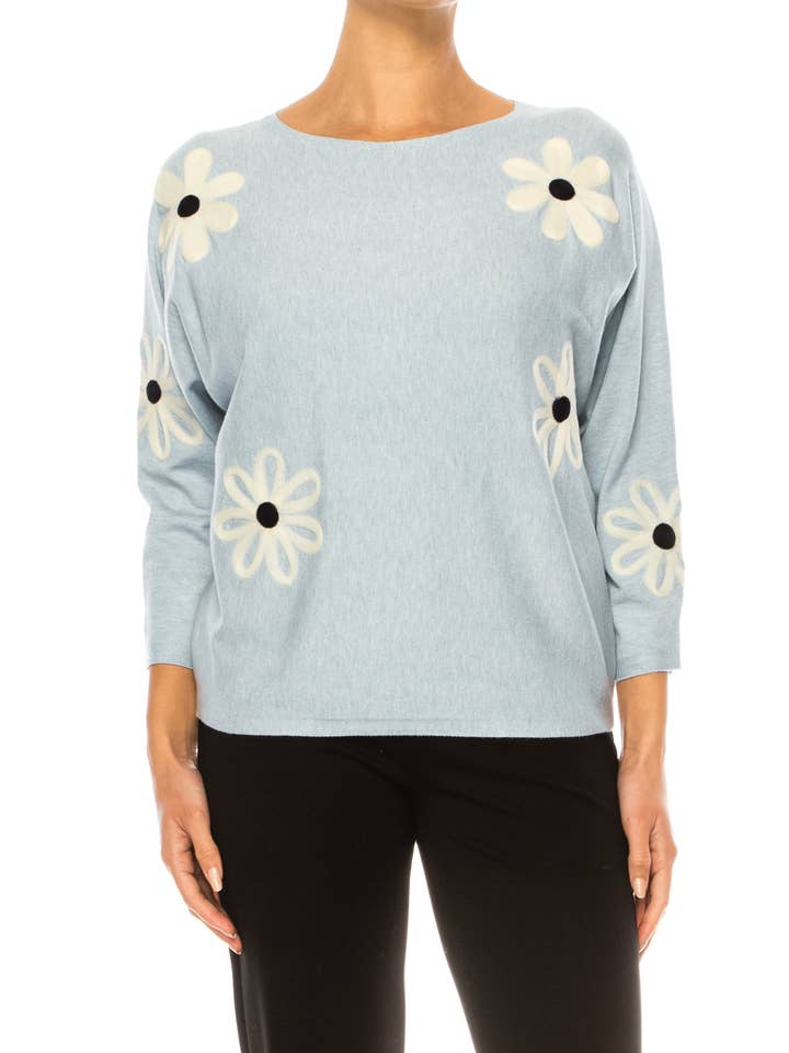HEATHER SKY EGGSHELL Aaeda Long Sleeve Flower Motif Pullover Sweater for wholesale on Faire0