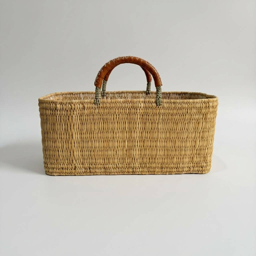 Brown Rectangular Reed Storage Basket Leather Handle Market Tote for wholesale on Faire2