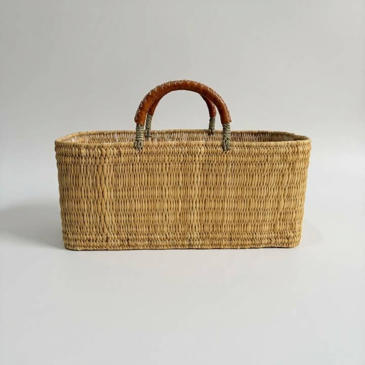 Brown Rectangular Reed Storage Basket Leather Handle Market Tote for wholesale on Faire2