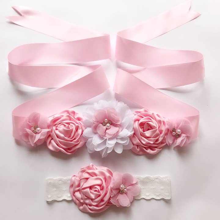 Floris Linens - Wholesale Fashion Headband - Women's - Floral Flower Girl Sash, Bridal Belt, Matching Headband