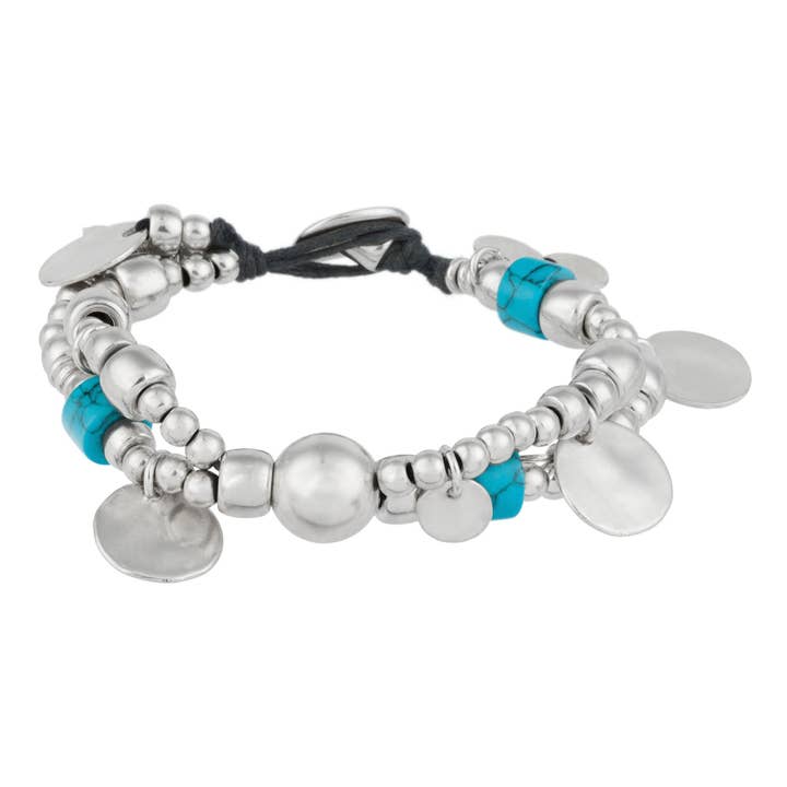 Multibead silver and turquoise double bracelet for wholesale by Gloria Mago
