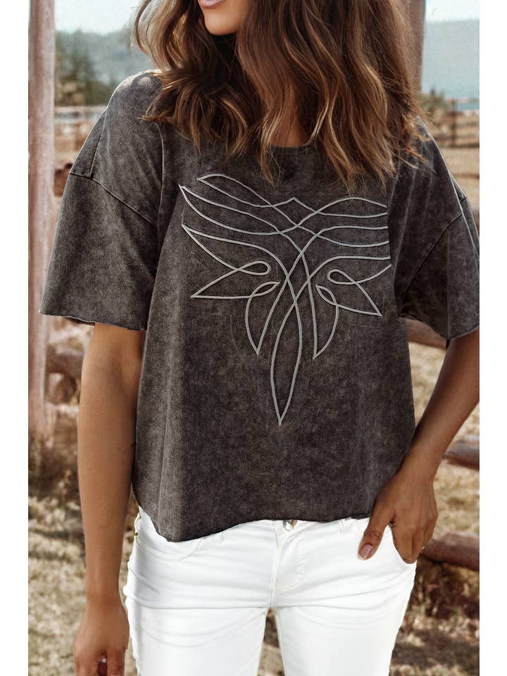 As shown Western Floral Embroidered Mineral Wash T Shirt for wholesale on Faire