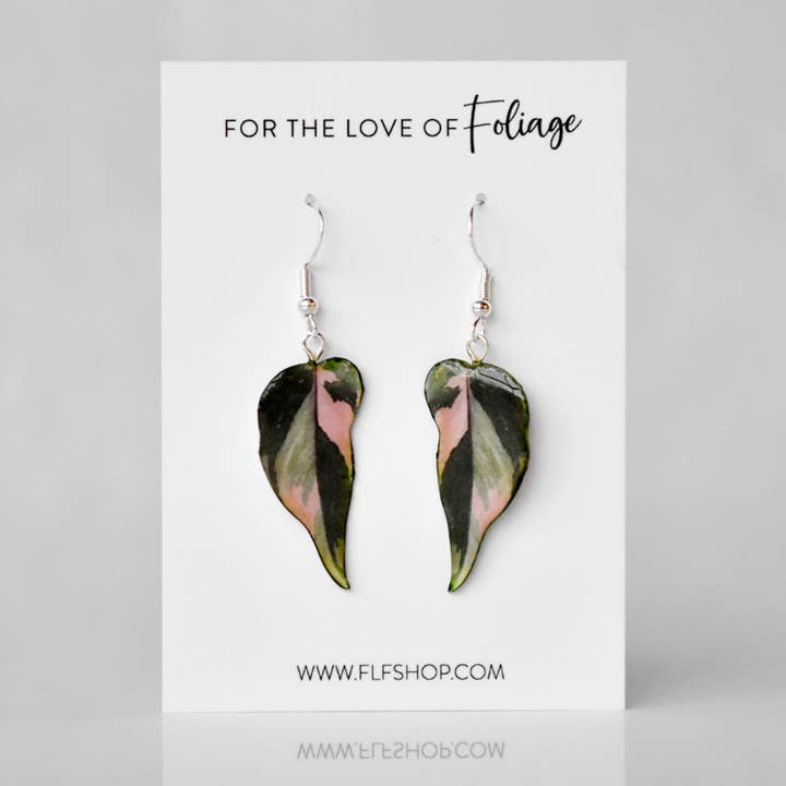 Philodendron Pink Princess "PPP" Camo Plant Earrings | Leaf Earrings for wholesale by For the Love of Foliage