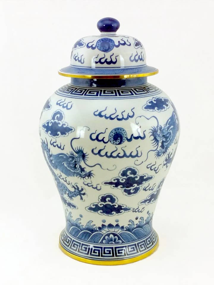 Batik House Blue White Dragon Ginger jar with Brass Trim for wholesale by The Batik House