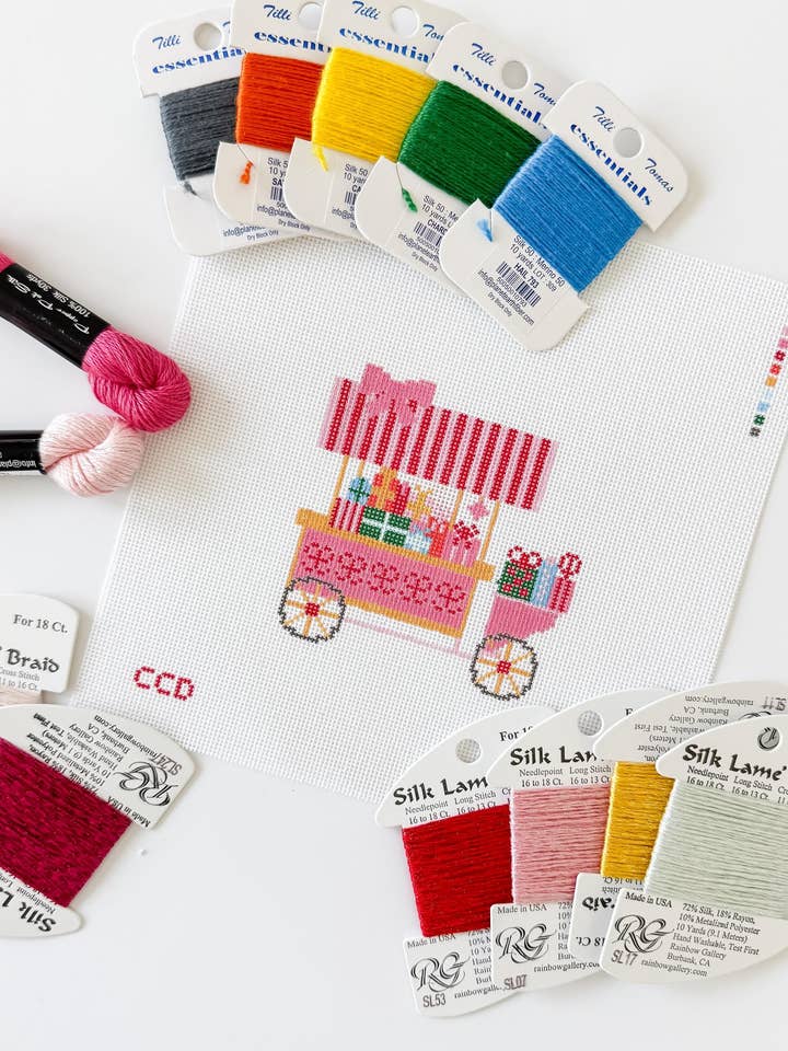 Christmas Trolley Cart Needlepoint Canvas 18 Mesh 4” Design, Christmas Ornament Needlepoint Canvas modern Hand Painted for wholesale by Cotswold Co Designs