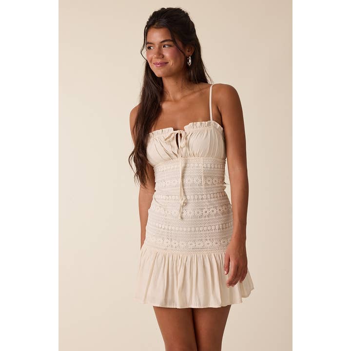 SOLID COLOR FLORAL LACE PRINT FIT&FLARE MINI DRESS for wholesale by Sky to Moon