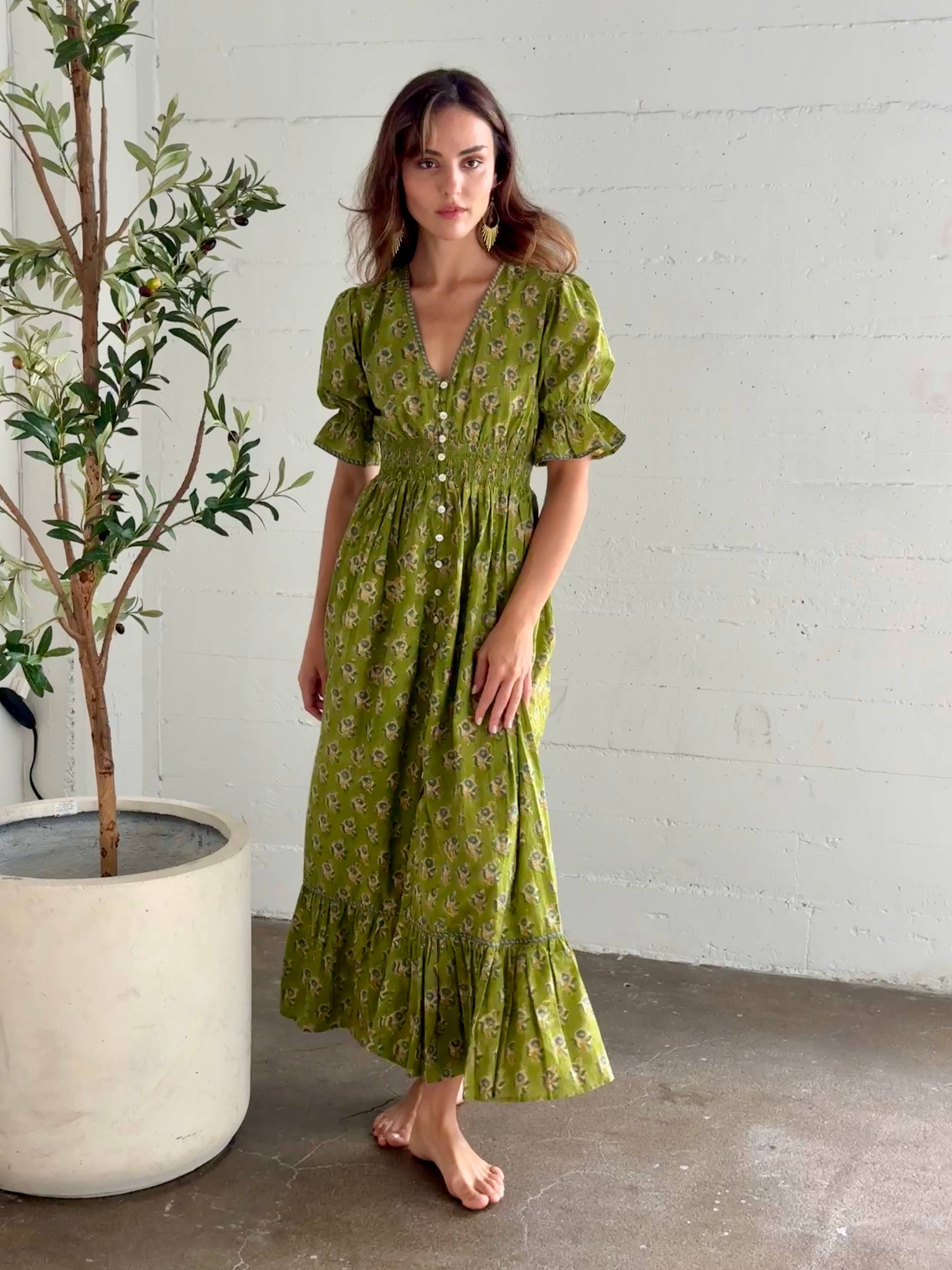 The Fox and The Mermaid – wholesale Dress – Women's – Tatiana Block Printed Dress (Olive) 2