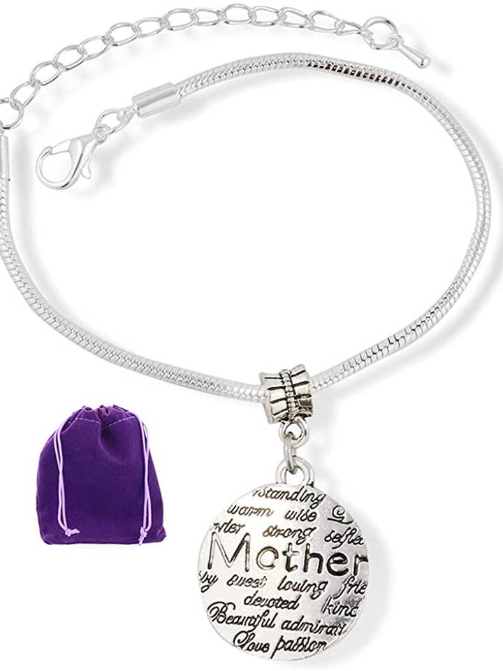 Mother with Wise Strong Loving Devoted Warm Love Passionate Text Snake Chain Charm Bracelet for wholesale by Dave The Bunny