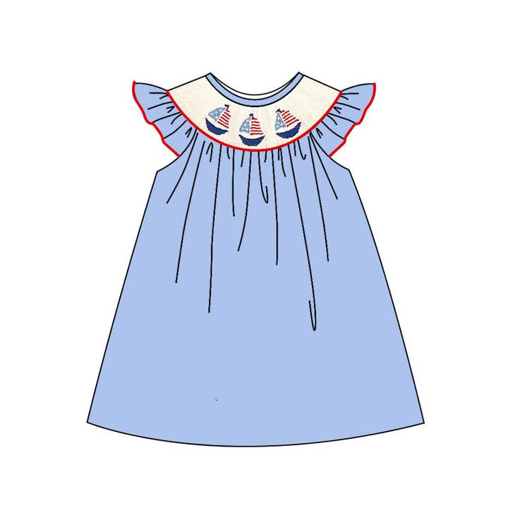 Aier Wholesale - Wholesale Dress - Kids - Smocked Baby Girls 4th Of July Sailboats Knee Length Dresses