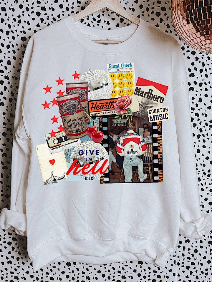 Give 'Em Hell Collage Tee or Crewneck for wholesale by Gunpowder and Glam Boutique