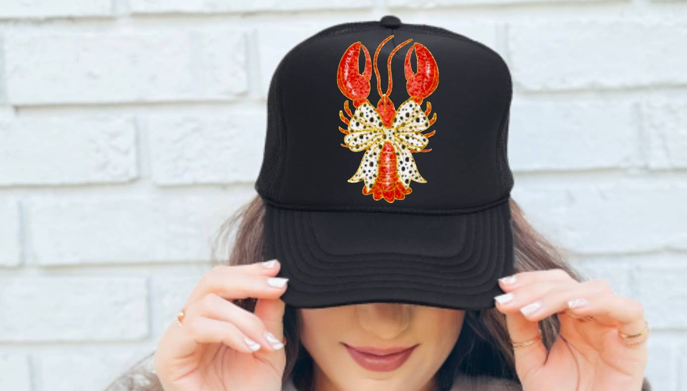 Gia Gifts Boutique - Wholesale Trucker Hat - Women's - Watercolor Crawfish Coquette Bow Trucker Hat Louisiana