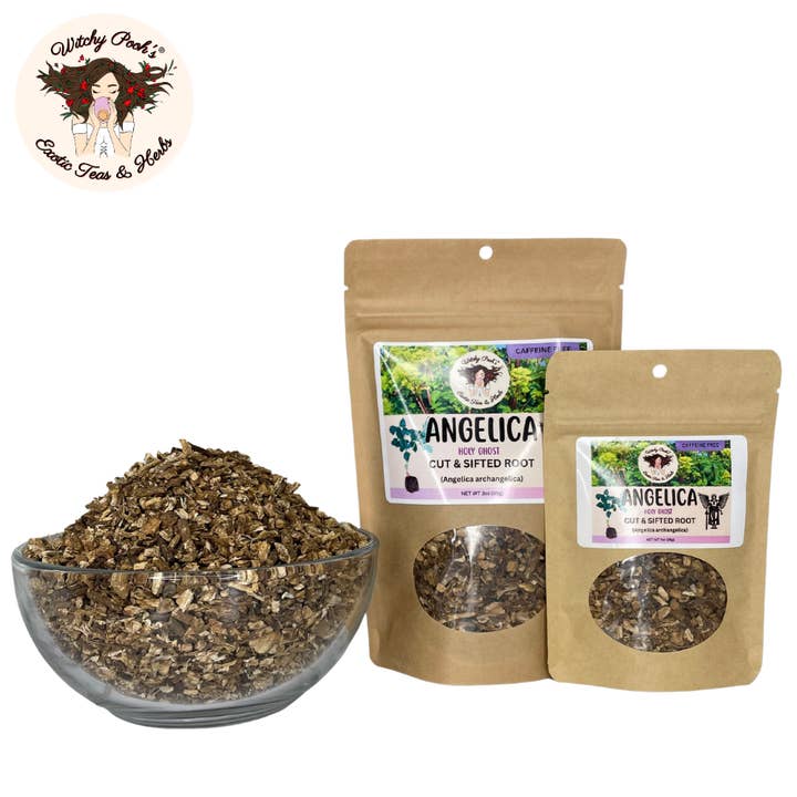 Witchy Pooh's Exotic Teas & Herbs – Chá solto por atacado – Chá de Angélica da Bruxa Pooh - Raiz Cortada e Peneirada, Espírito Santo7