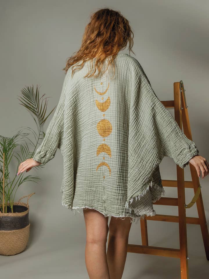 Moa – wholesale Kimono – Women's – Green Muslin Kimono Robe with Golden Moon Phases / Poncho