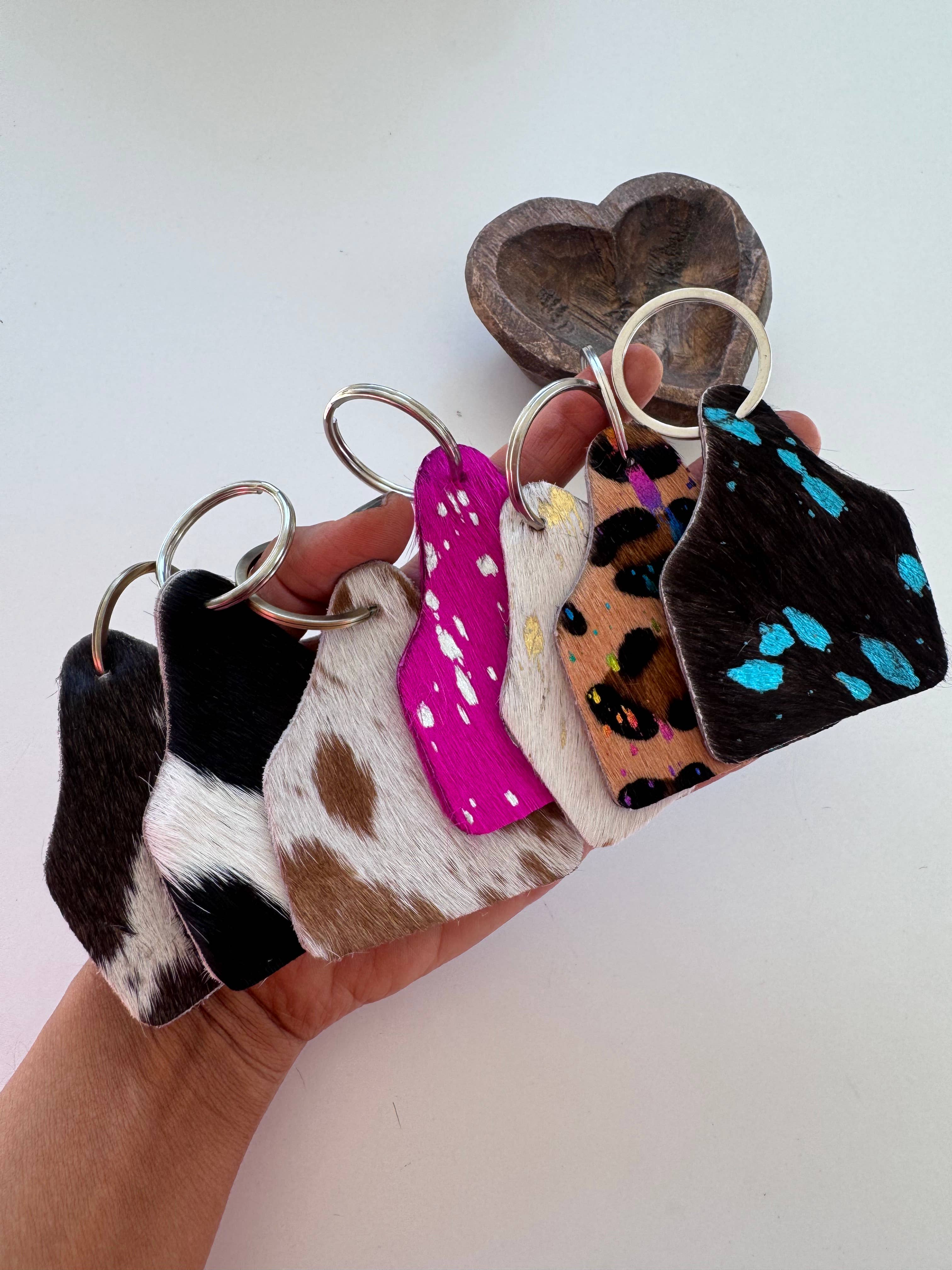 Boho Ranch Shop – wholesale Keychain – Women's – Cowhide Eartag Keychain | Cow Cattle Ear Tag Hair On Cowhide9