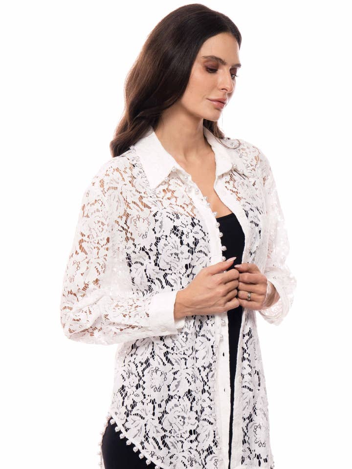 D2665-A Lace Button-Down Shirt with Pearl Trim for wholesale by Adore