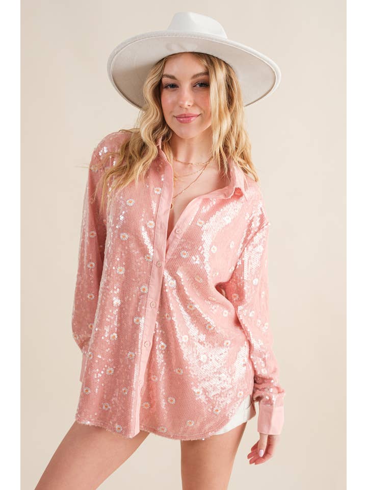 FERSKEN 34063T - Sequin Ditsy Flower Broderet Knap Up Shirt for engroshandel på Faire2