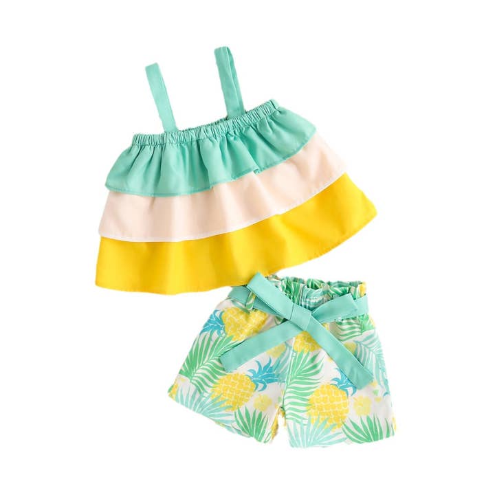 green 9M-4Y Toddler Girls Camisole Tops Tropical Botanical Print Shorts Two Piece Set Wholesale Girls Clothes V3824042400174 for wholesale on Faire