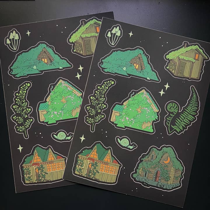 Mossy Houses 5x7 inch sticker sheet for wholesale by The Winter Den