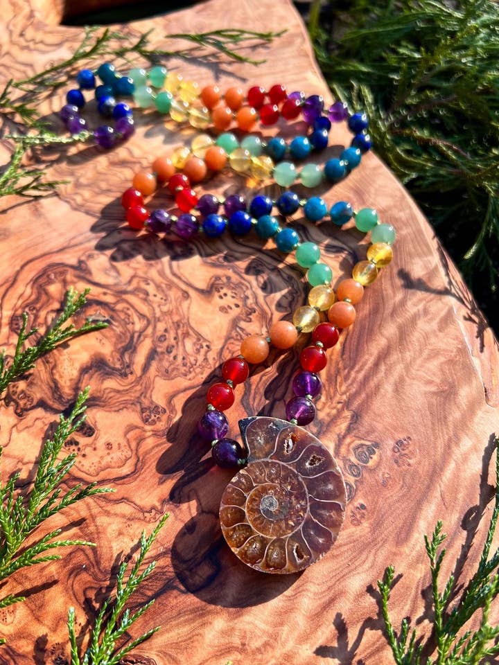 AMMONITE CHAKRA MALA // hand knotted silk 36'' for wholesale by Wingostarrjewelry