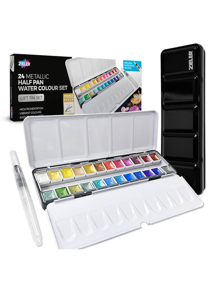 24 Metallic Half Pan Watercolour Metal Tin Set for wholesale by Chartpak, Inc.