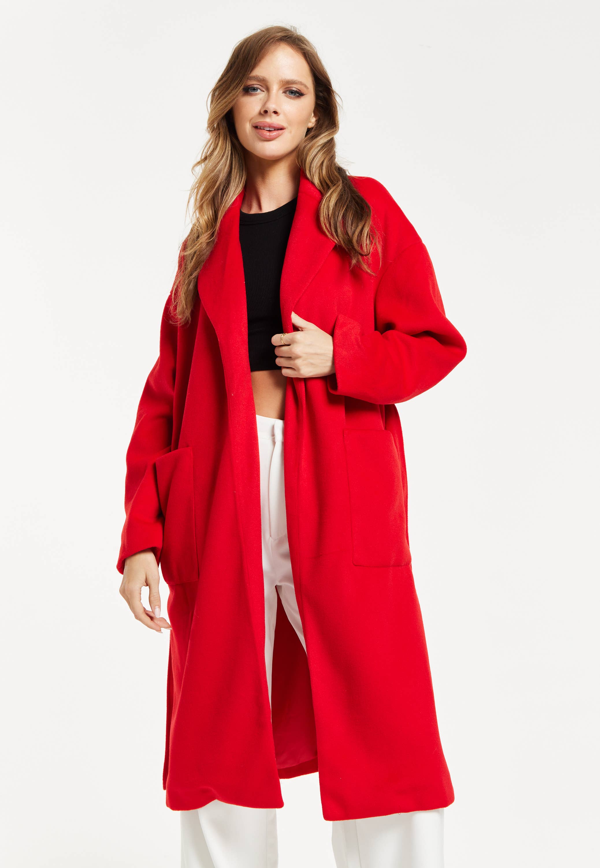 Liquorish Belted Longline Coat In Red for wholesale on Faire0