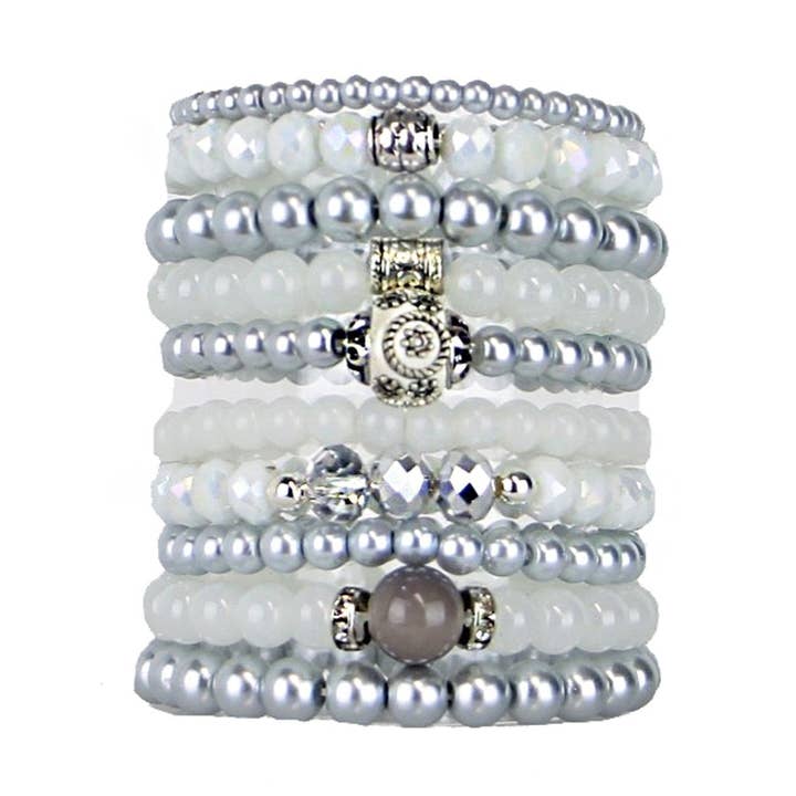 Handmade Beaded Bracelets Set in White and Grey Tones for wholesale by Bohemian Bracelets