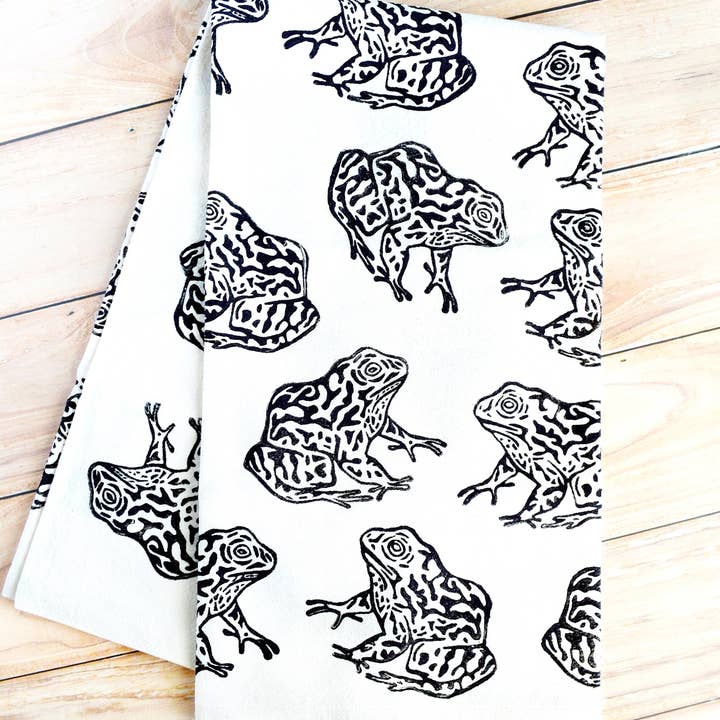 Gopher Frog Block Printed Kitchen Towel for wholesale by Jess Vartanian Illustration & Design