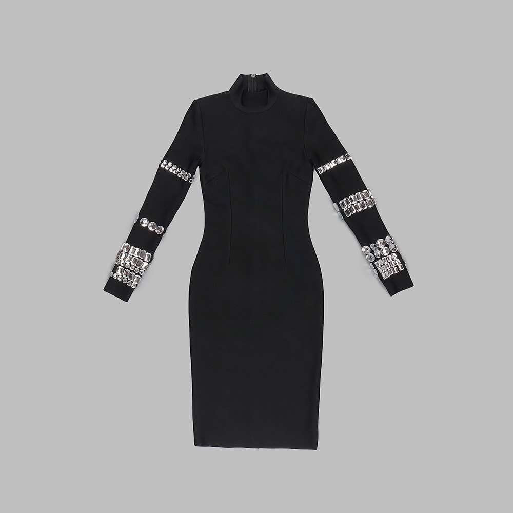 Black DR048 Studded Long Sleeve High Neck Bandage Knit Dress for wholesale on Faire20