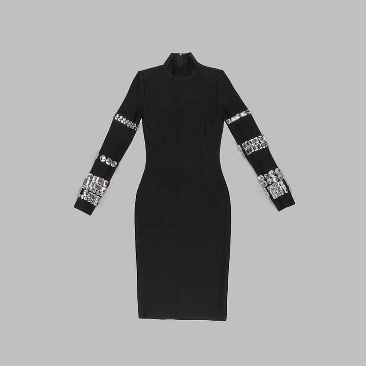 Black DR048 Studded Long Sleeve High Neck Bandage Knit Dress for wholesale on Faire20